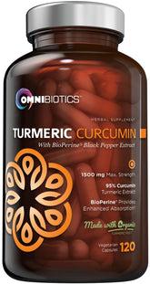OmniBiotics organic turmeric curcumin bottle highlighting high potency for daily wellness.