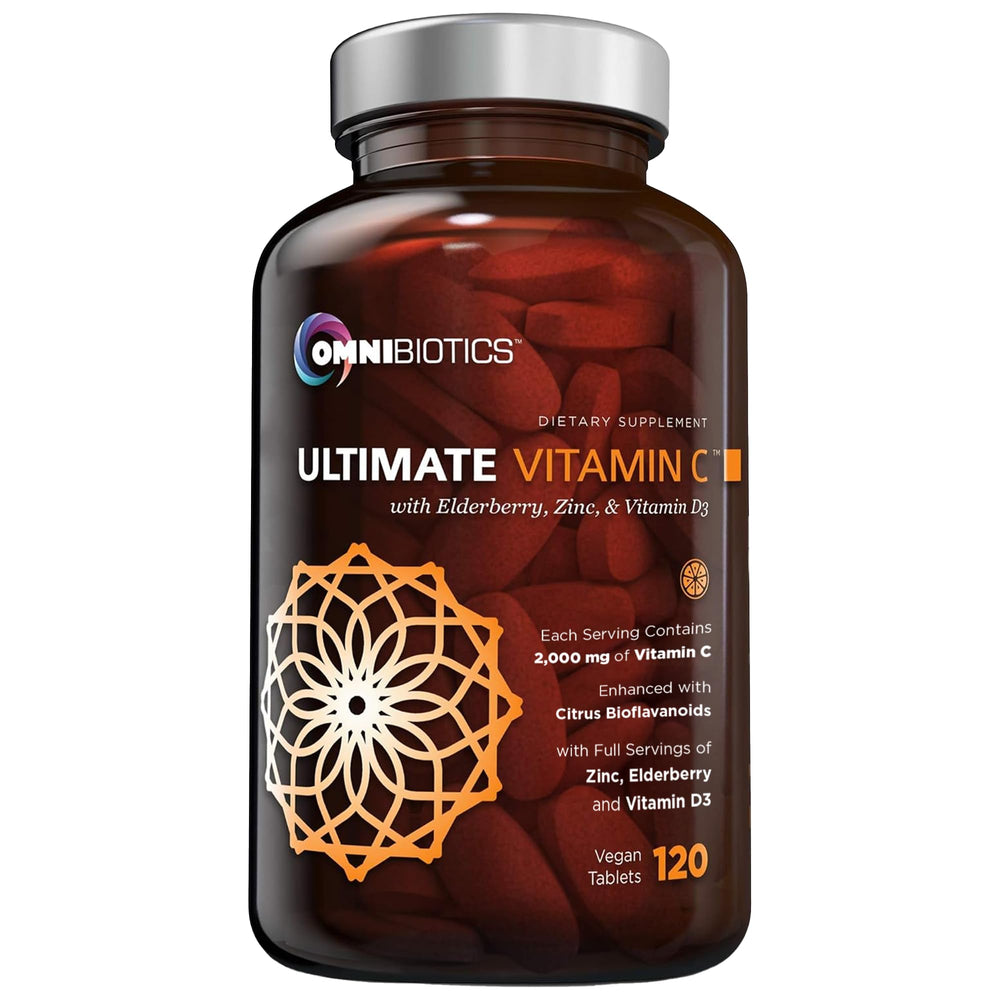 OmniBiotics Ultimate Vitamin C bottle highlights high-potency immune support daily.