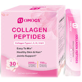OMOGS collagen powder bottle highlighting grass-fed ingredients for skin and hair support.
