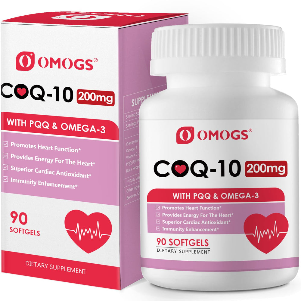 OMOGS CoQ10 200mg softgels bottle emphasizing cardiovascular support and daily energy