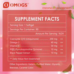 OMOGS CoQ10 softgels ingredients panel highlighting omega-3 and vitamin E