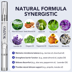 OMZOK supplier ingredient graphic with tea tree oil and other botanical illustrations.