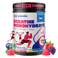 On Greenvita Creatine Monohydrate Gummies jar shows convenient sugar-free supplementation.