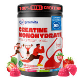 On Greenvita creatine gummies in bottle close-up for focus and endurance.