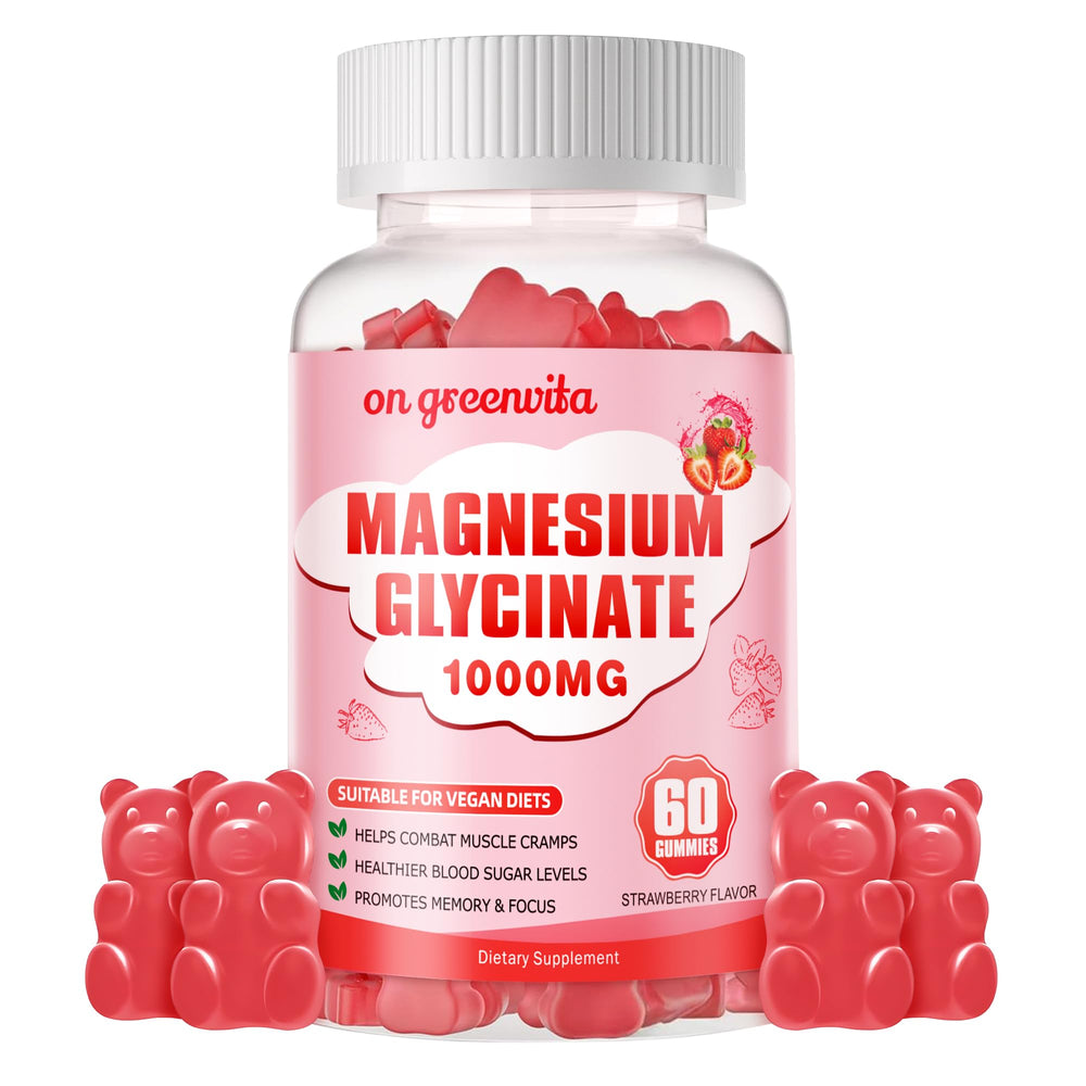 On GreenVita Magnesium Glycinate Gummies bottle front with strawberry flavor for calm mood.