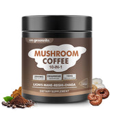 On GreenVita Mushroom Coffee tub closeup highlights a brain-friendly blend for focus