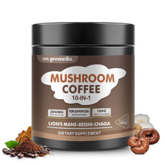 On GreenVita Mushroom Coffee tub closeup highlights a brain-friendly blend for focus