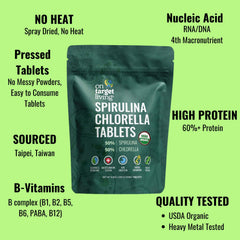 Close-up of tablets showing pure organic spirulina and chlorella for nutrient density.