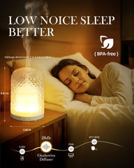 Onaboviva Essential Oil Diffuser front view shows warm ambient glow and gentle mist.