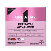 ONE A DAY Prenatal Advanced bottle front highlighting brain-building nutrients for pregnancy