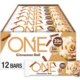ONE Cinnamon Roll bar packaging highlights gluten-free protein snack.