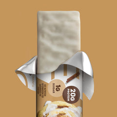 ONE Cinnamon Roll bar features 20g whey protein isolate per bar.