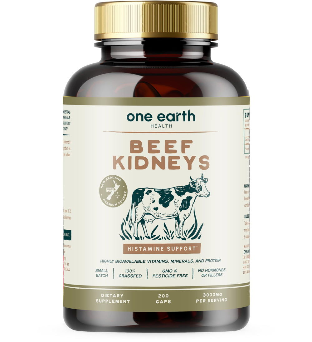 One Earth Health beef kidney supplement bottle shows 3000mg serving for kidney support
