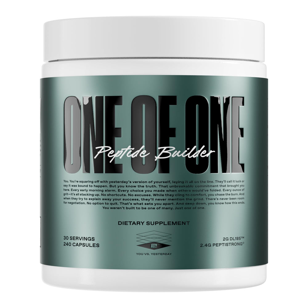 ONE OF ONE Peptide Builder bottle closeup, showing premium formula for training support.