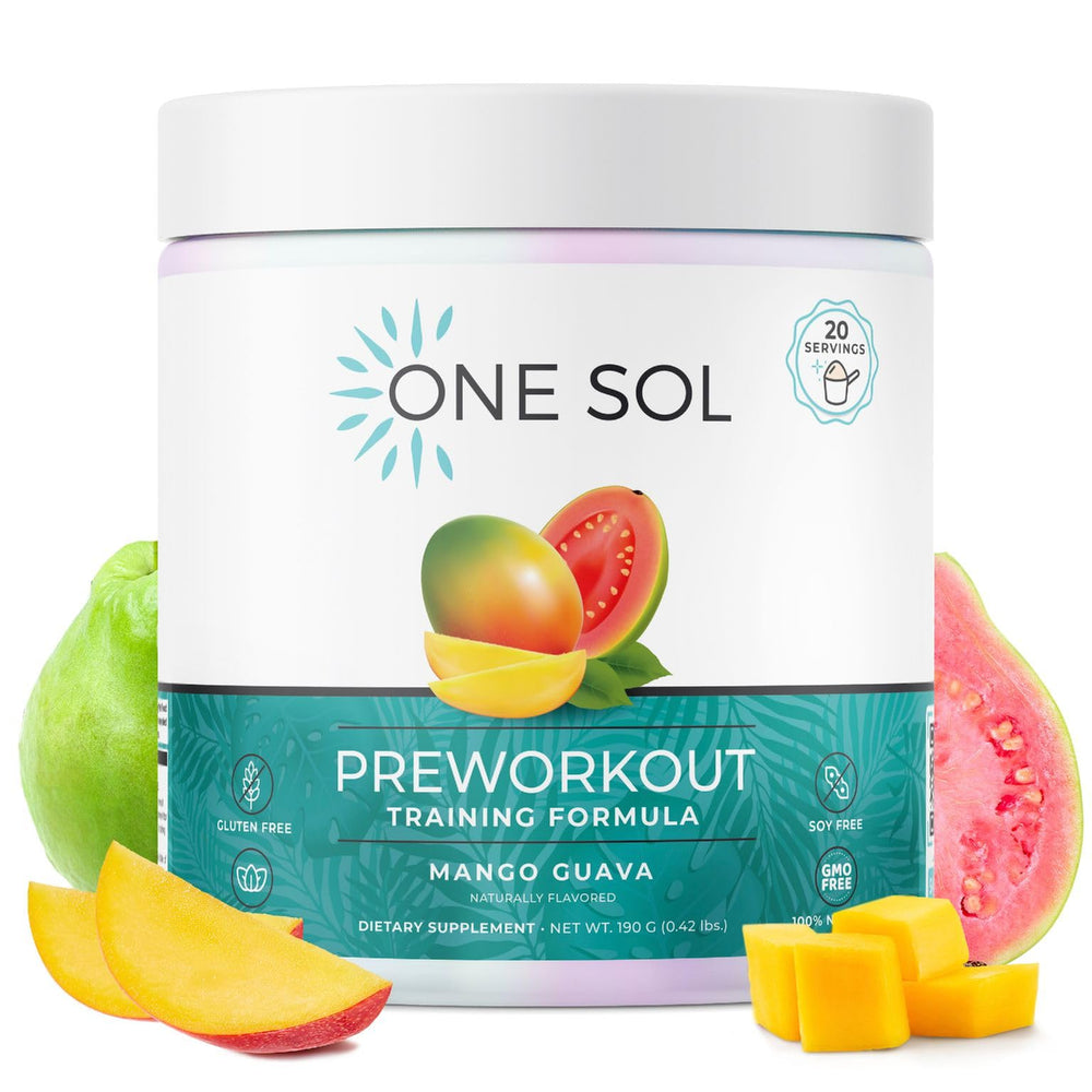 One Sol Pre-Workout Mango Guava bottle promotes a strong pump and focused energy.
