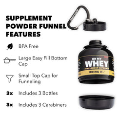 OnMyWhey BPA-free funnel cap shown for safe supplement storage.