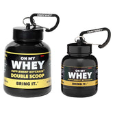 ONMYWHEY container to go with travel-friendly design for gym or trail sessions.