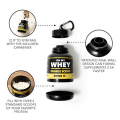 ONMYWHEY dual screw-cap system seals securely and speeds pouring.