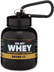 OnMyWhey protein funnel keychain enables easy carry.