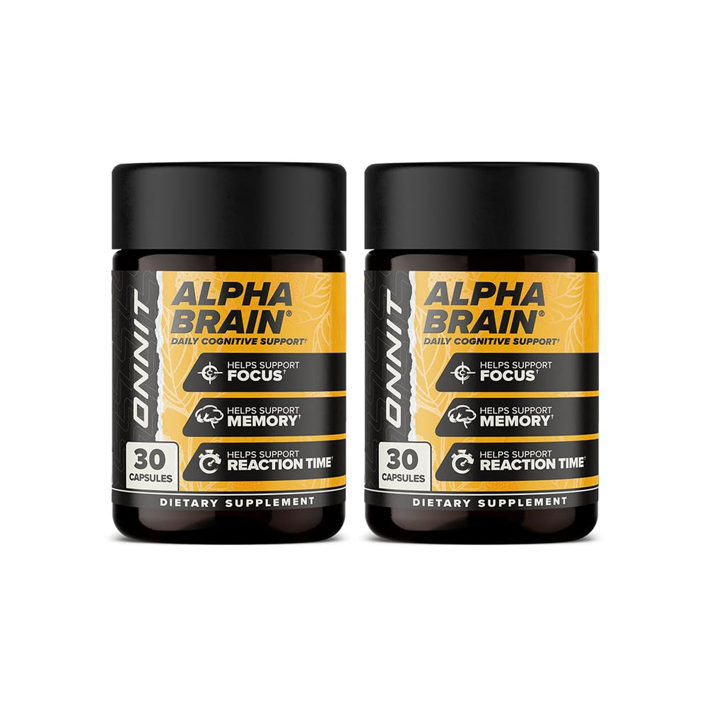 ONNIT Alpha Brain bottle front for daily cognitive support.