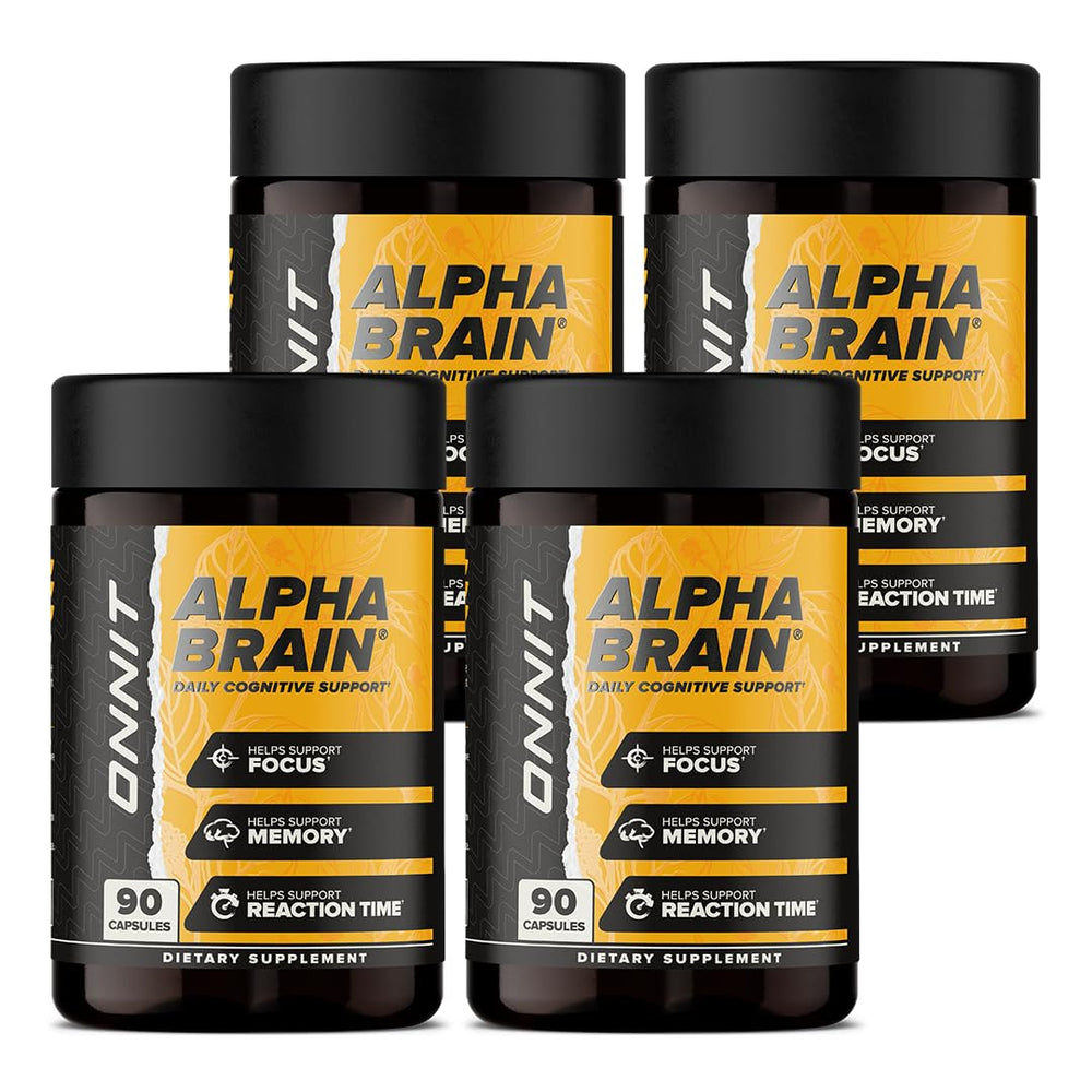 ONNIT Alpha Brain bottle front for daily cognitive support and focus.