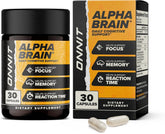 ONNIT Alpha Brain bottle front view emphasizes packaging for trust.