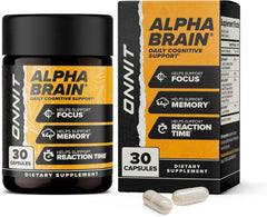 ONNIT Alpha Brain bottle front view emphasizes packaging for trust.