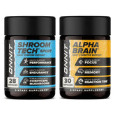 ONNIT Alpha Brain bottle with capsules for enhanced focus and a caffeine-free boost