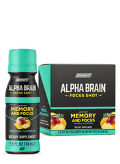 ONNIT Alpha Brain Focus Shot tropical bottle displayed for quick focus and mood support.