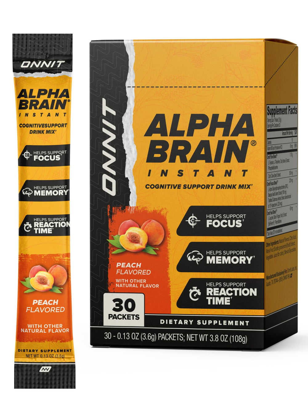 ONNIT Alpha Brain Instant box front with peach flavor designed for focus.