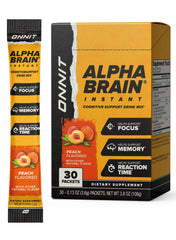 ONNIT Alpha Brain Instant box front with peach flavor designed for focus.