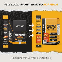 ONNIT Alpha Brain Instant packets close-up highlighting convenient caffeine-free cognitive support.