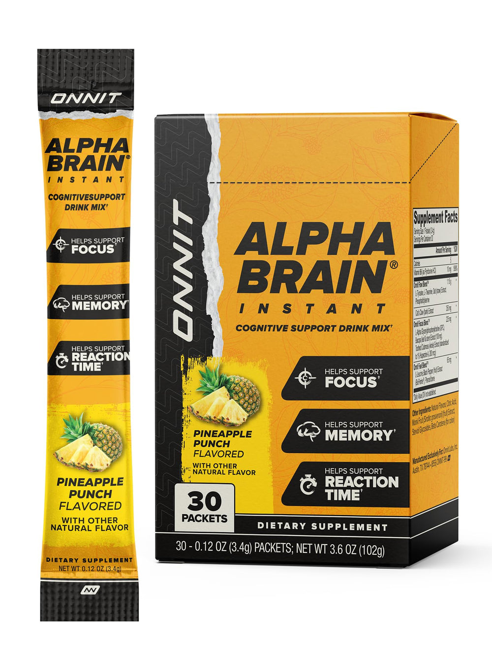 ONNIT Alpha Brain Instant pineapple punch tub on display for easy cognitive support.