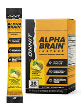 ONNIT Alpha Brain Instant pineapple punch tub on display for easy cognitive support.
