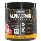 ONNIT Alpha Brain tiger's blood tub front showing label for focused energy before training.