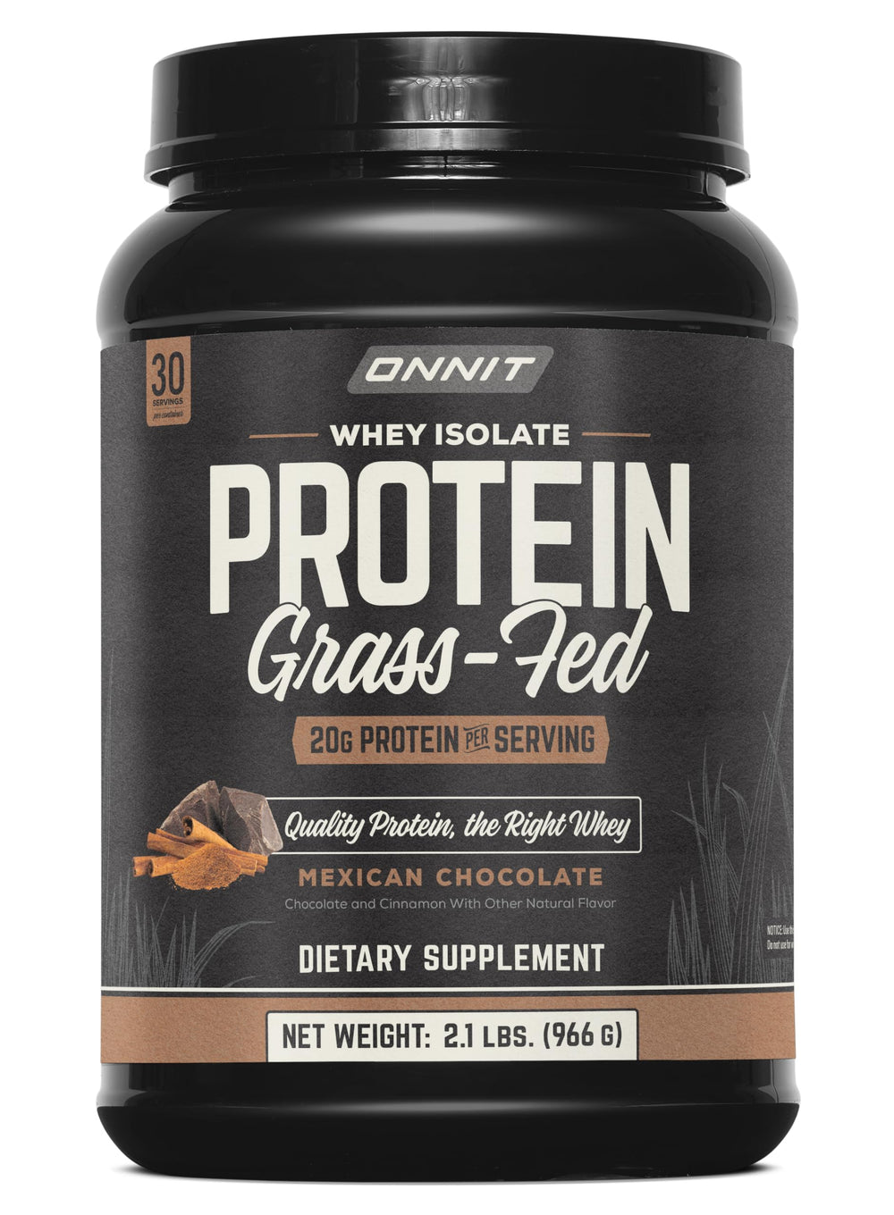 ONNIT Grass Fed Whey Isolate Chocolate Tub highlighting premium protein for muscle support