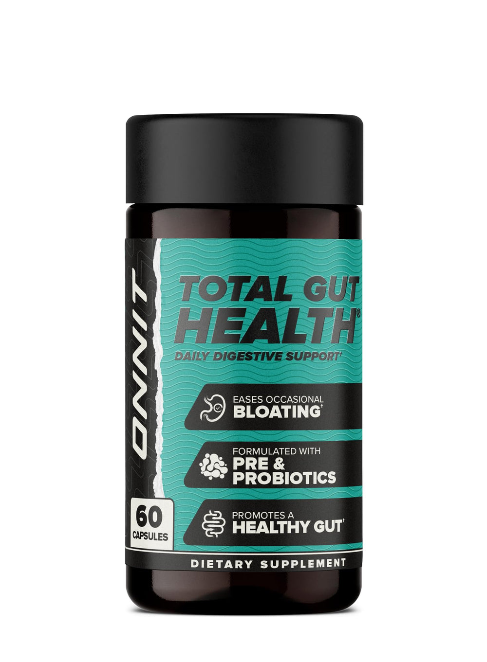 ONNIT Total Gut Health bottle with closed cap supports daily digestion.