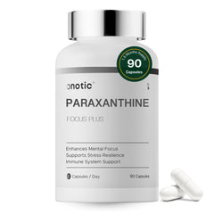 ONOTIC 90 Paraxanthine capsules in bottle for clean energy support.