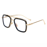 Onrtry Tony Stark blue light blocking glasses front view, gold-black frame, eye relief.