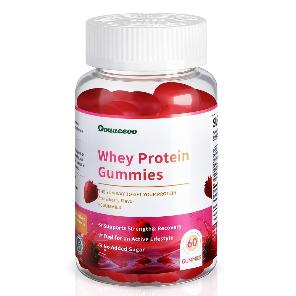 OOUUEEOO Whey Protein Gummies bottle with strawberry flavor for convenient protein