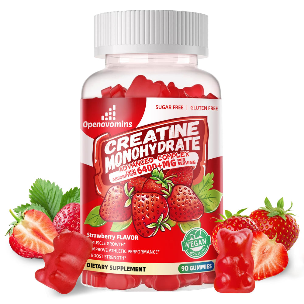 Openovomins Creatine Gummies strawberry bottle close-up, sugar-free energy support for workouts.