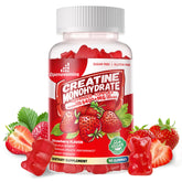 Openovomins Creatine Gummies strawberry bottle close-up, sugar-free energy support for workouts.