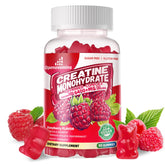 Openovomins Creatine Monohydrate Gummies bottle displaying 90 sugar-free raspberry chews for daily workouts