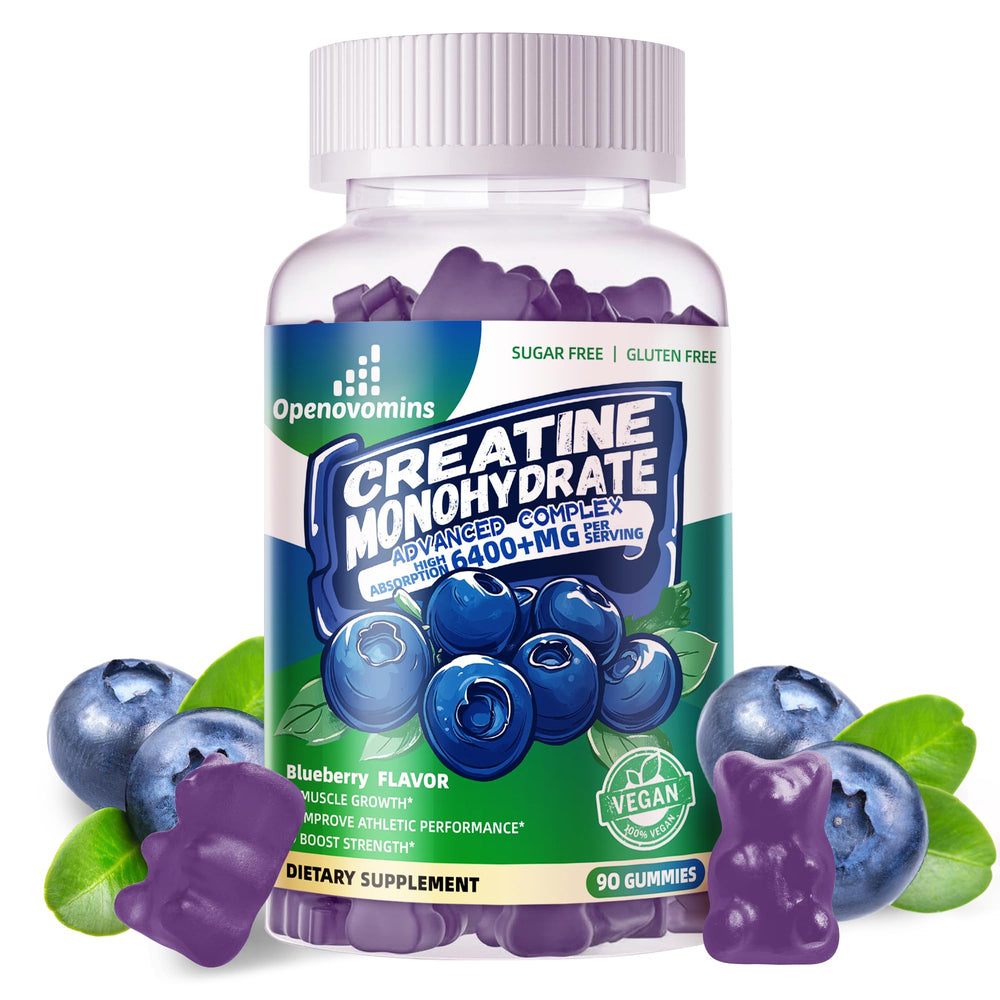 Openovomins Creatine Monohydrate Gummies bottle front with blueberry flavor for easy daily use