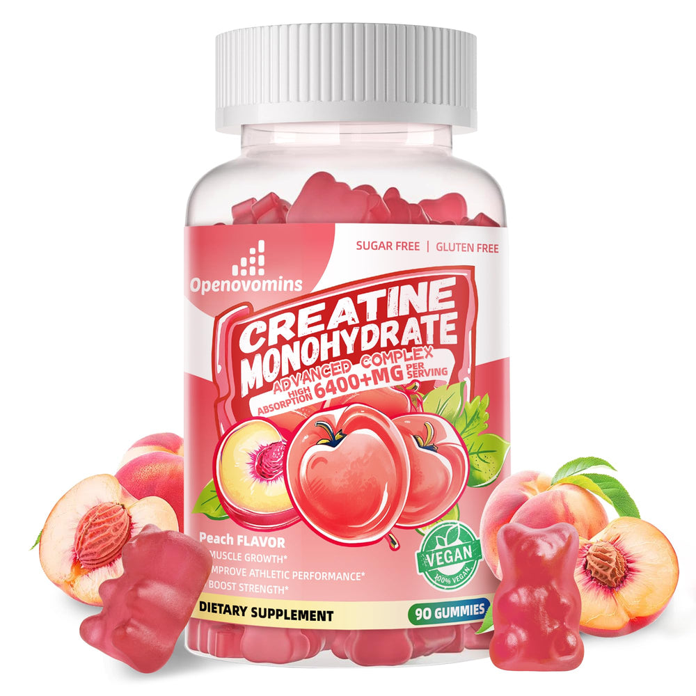Openovomins creatine monohydrate gummies peach bottle for an active lifestyle