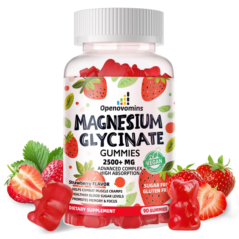 Openovomins Magnesium Glycinate Gummies bottle promotes calm mood and sleep.