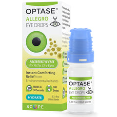 Optase Allegro bottle closeup showing preservative-free hydration for daily comfort