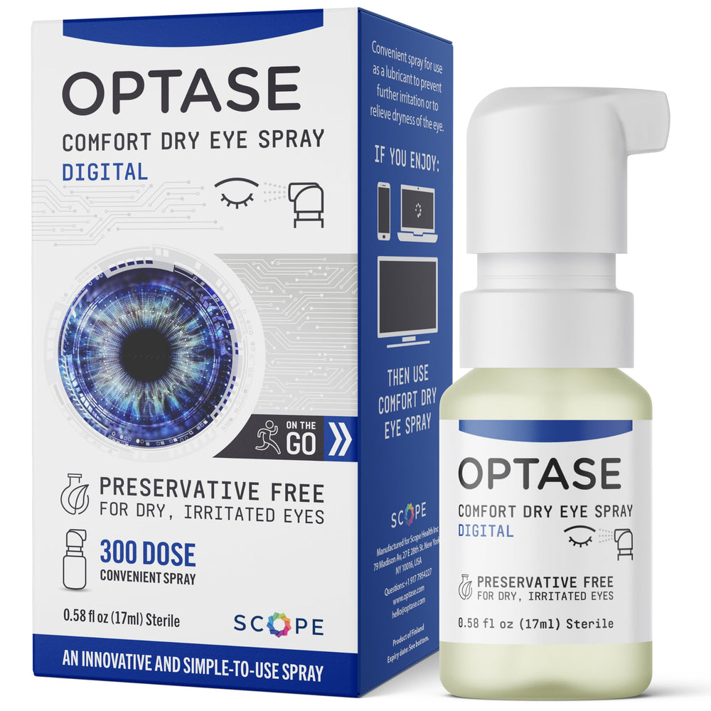 Optase Comfort Dry Eye Spray bottle close-up, preservative-free formula for eye relief.