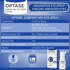 Optase Comfort Dry Eye Spray mist close-up, gentle for sensitive eyes.