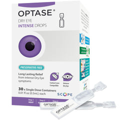 Optase Dry Eye Intense Drops single-dose vial demonstrates sterile, preservative-free hydration.